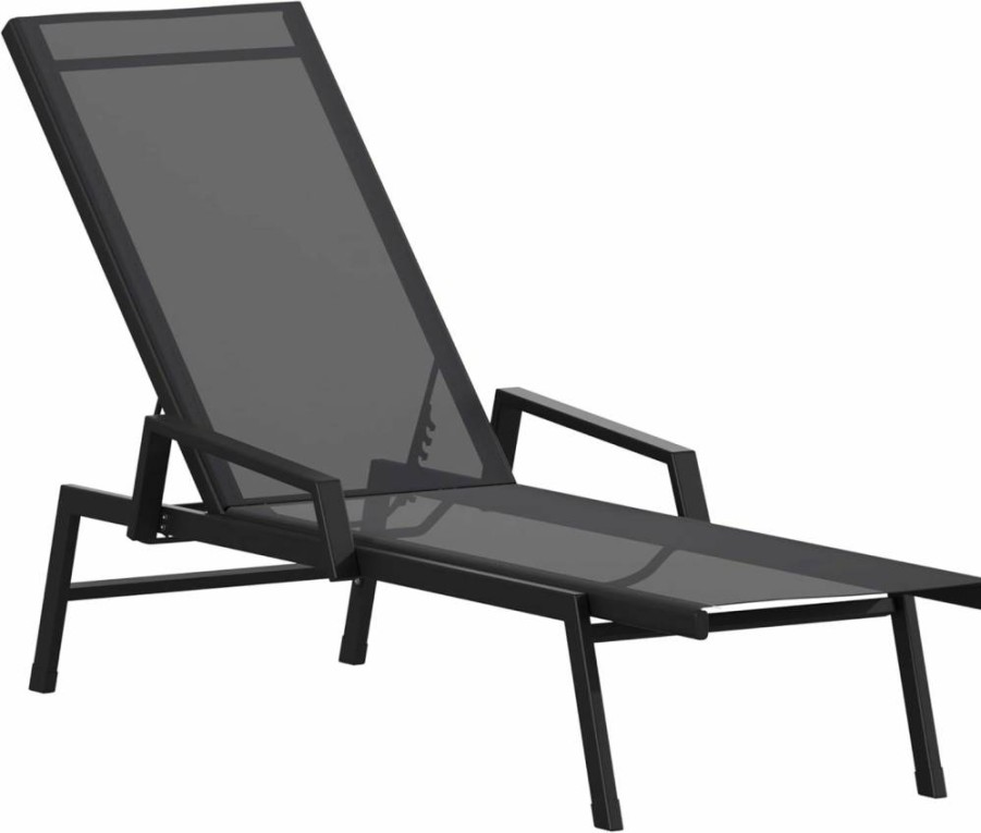 Flash Furniture Brazos 2-Piece All-Weather Outdoor Chaise Lounge Set - Adjustable Reclining Chairs with Arms, Black/Gray Patio Seating