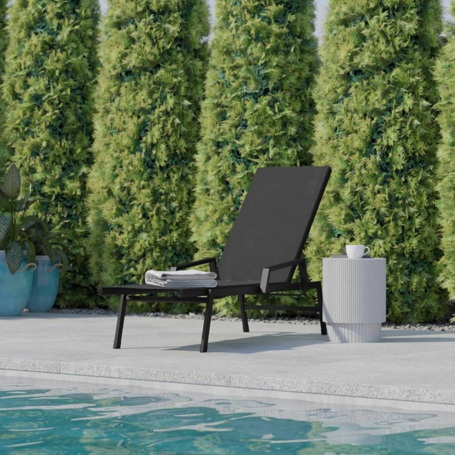 Flash Furniture Brazos 2-Piece All-Weather Outdoor Chaise Lounge Set - Adjustable Reclining Chairs with Arms, Black/Gray Patio Seating