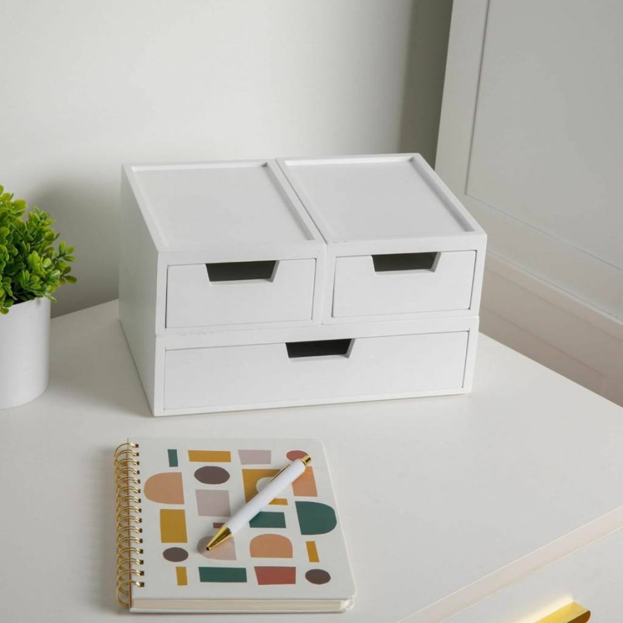 Martha Stewart 3-Piece White Stackable Wooden Storage Boxes with Pull-Out Drawers, Engineered Wood Organizer Set