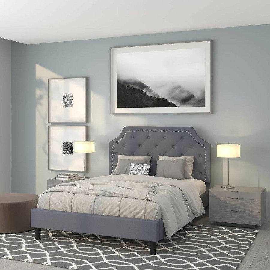 Flash Furniture Brighton King Size Bed Frame - Modern Upholstered Platform Bed with Tufted Headboard, Low Profile Design in Beige Fabric