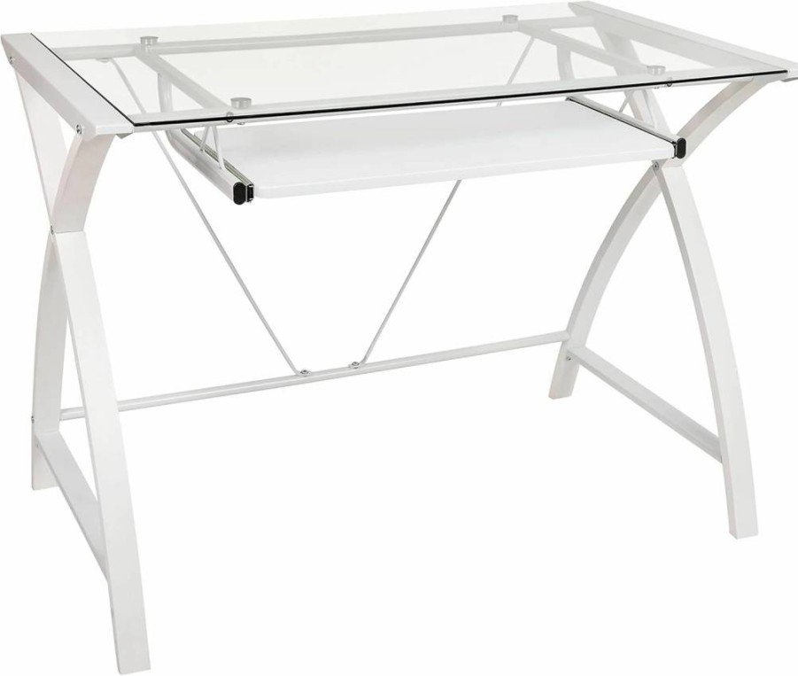 Flash Furniture Jude Small Computer Desk with Tempered Glass Top, Pull-Out Keyboard Tray & Crisscross Frame - Cherry/Clear Home Office Desk