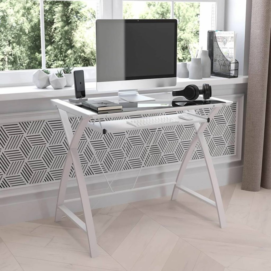 Flash Furniture Jude Small Computer Desk with Tempered Glass Top, Pull-Out Keyboard Tray & Crisscross Frame - Cherry/Clear Home Office Desk