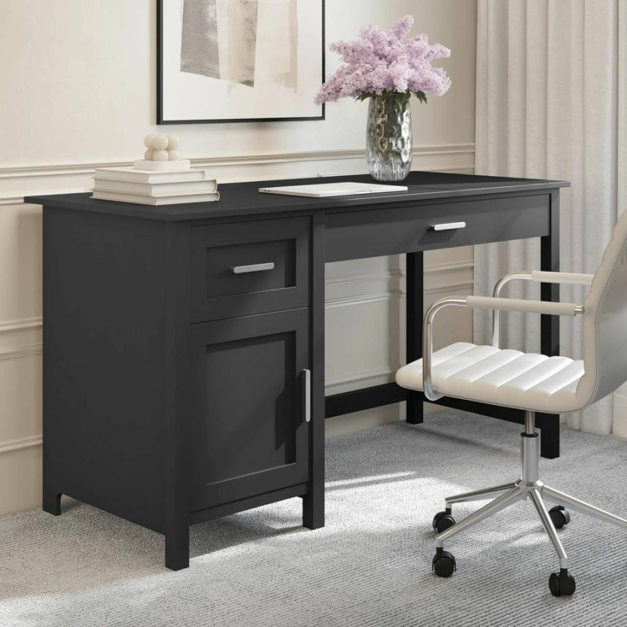 Martha Stewart White Shaker Style Home Office Desk With Storage & Polished Brass Hardware