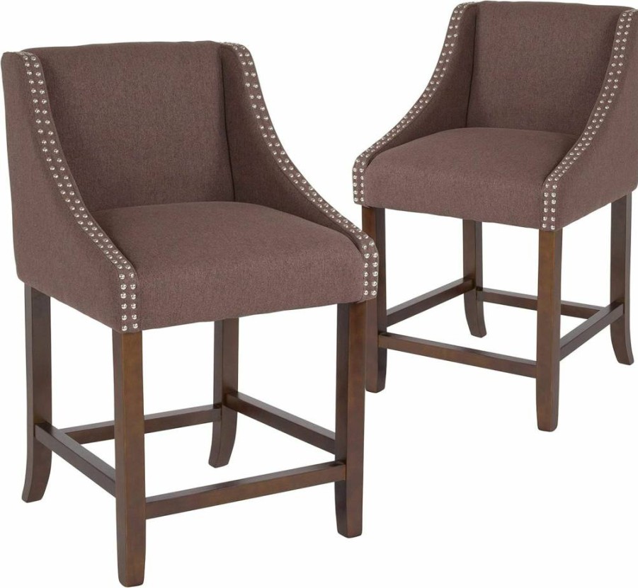 Flash Furniture 24" Walnut Counter Height Stool Set of 2 - Dark Gray Fabric with Nail Trim, Transitional Style Bar Stools for Kitchen & Dining