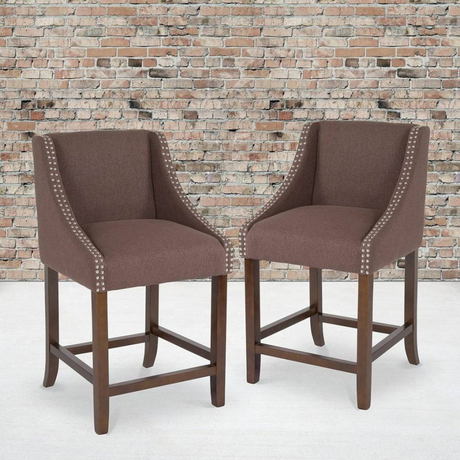 Flash Furniture 24" Walnut Counter Height Stool Set of 2 - Dark Gray Fabric with Nail Trim, Transitional Style Bar Stools for Kitchen & Dining