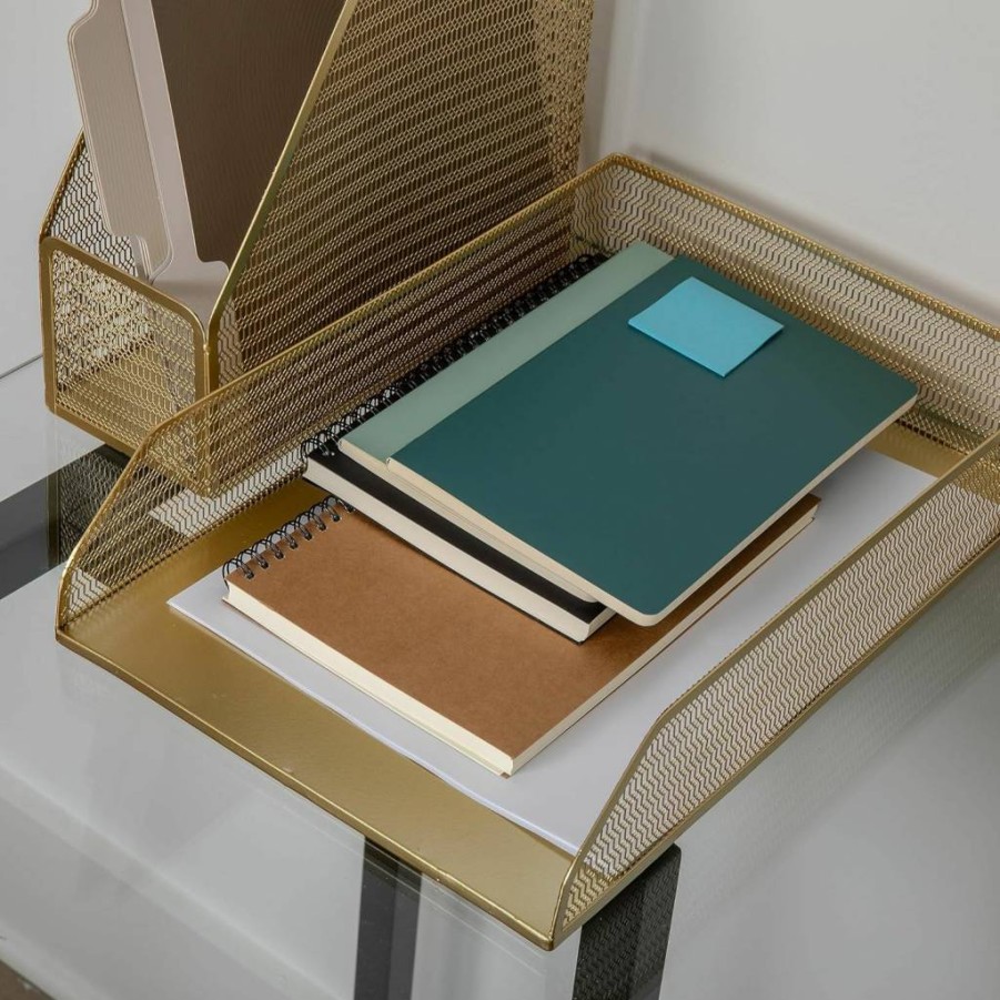 Martha Stewart 2-Pack Gold Mesh Metal Desktop Letter Tray - Stylish Paper Organizer for Office & Home
