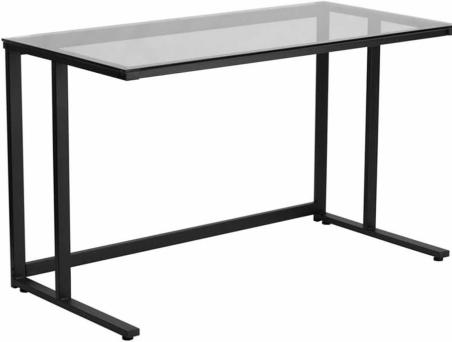 Flash Furniture Black Metal Frame Glass Top Office Desk - Singleton Pedestal Design