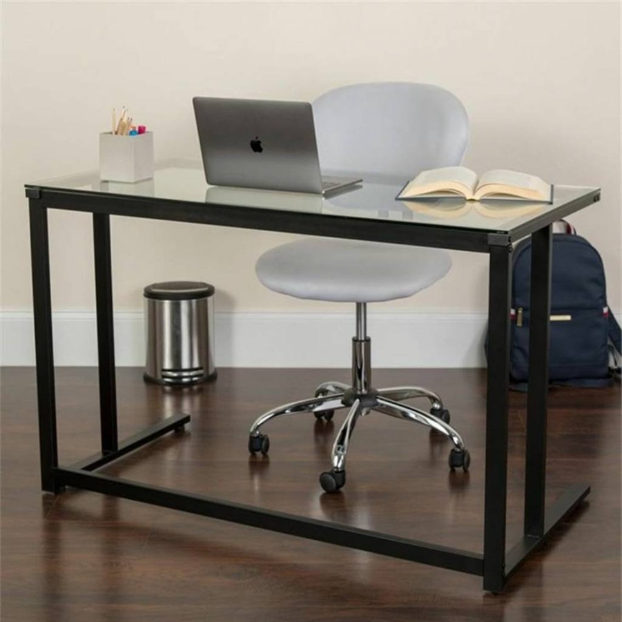 Flash Furniture Black Metal Frame Glass Top Office Desk - Singleton Pedestal Design