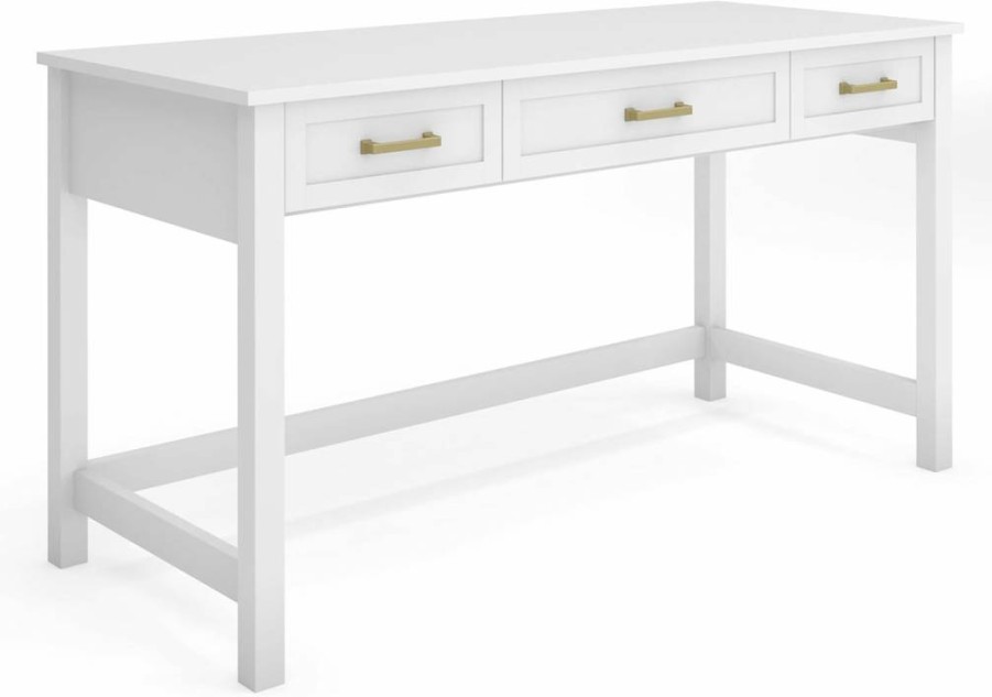 Martha Stewart White Shaker Style Home Office Desk With 3 Drawers & Polished Brass Hardware
