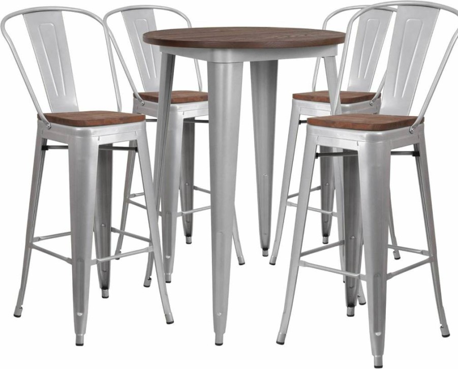 Flash Furniture 30-Inch Round Silver Metal Bar Table Set with Wood Top and 4 Matching Stools