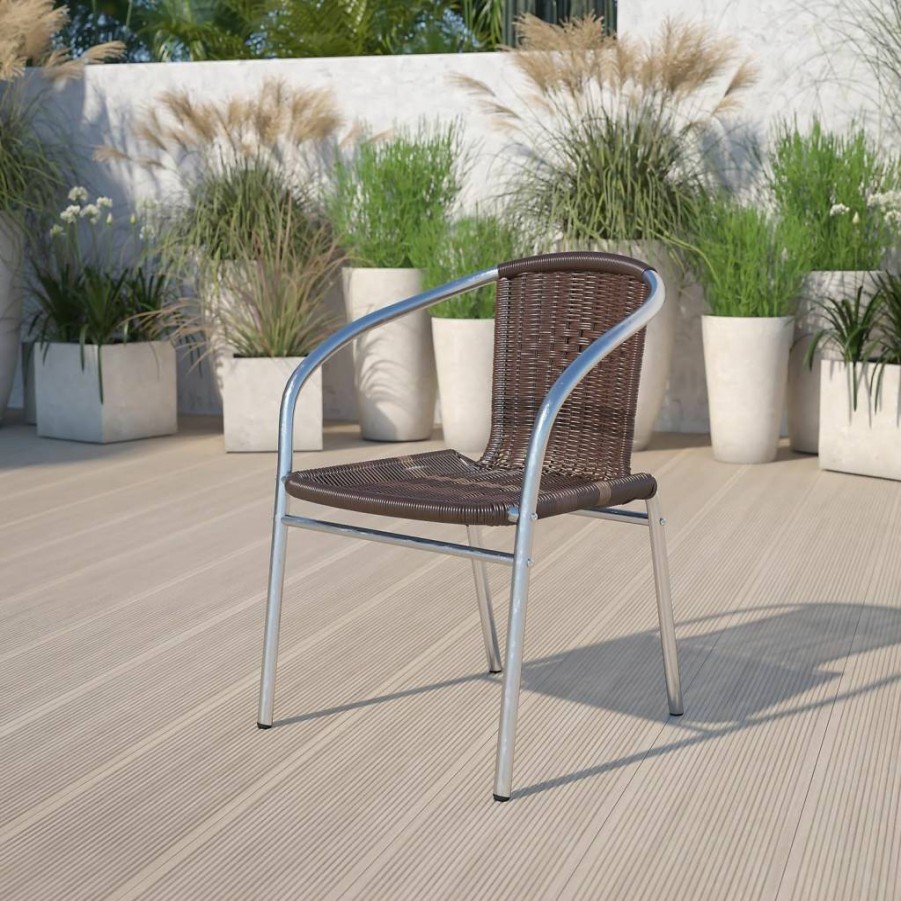 Flash Furniture Lila 4-Pack Stackable Aluminum and Rattan Dining Chairs for Indoor-Outdoor Use