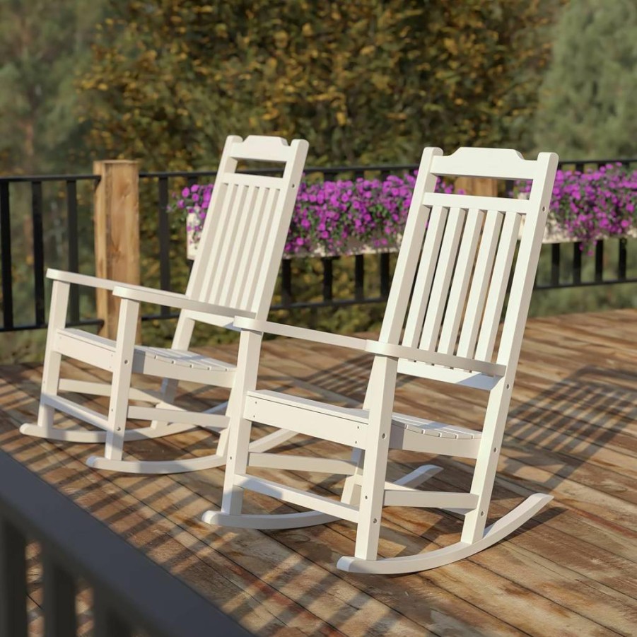 Flash Furniture Winston Durable All-Weather Poly Resin Rocking Chair - Mahogany Finish, Outdoor Patio Rocker