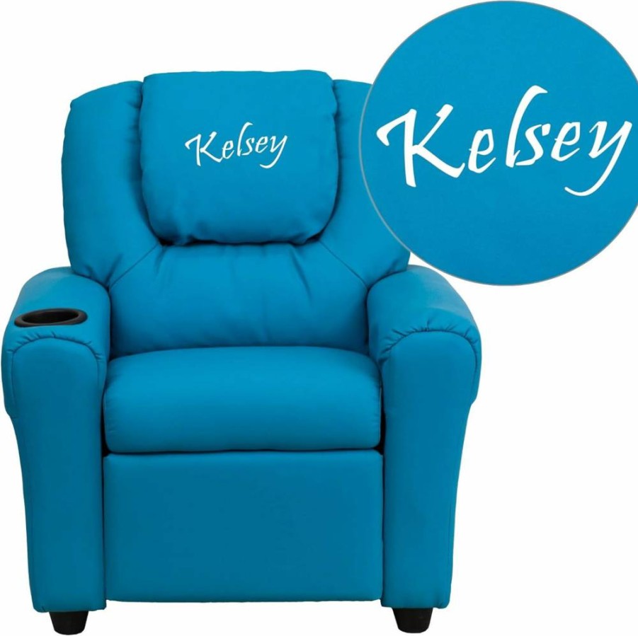 Flash Furniture Kids Recliner Chair - Turquoise Vinyl, Adjustable Headrest, Cup Holder, Personalized Design