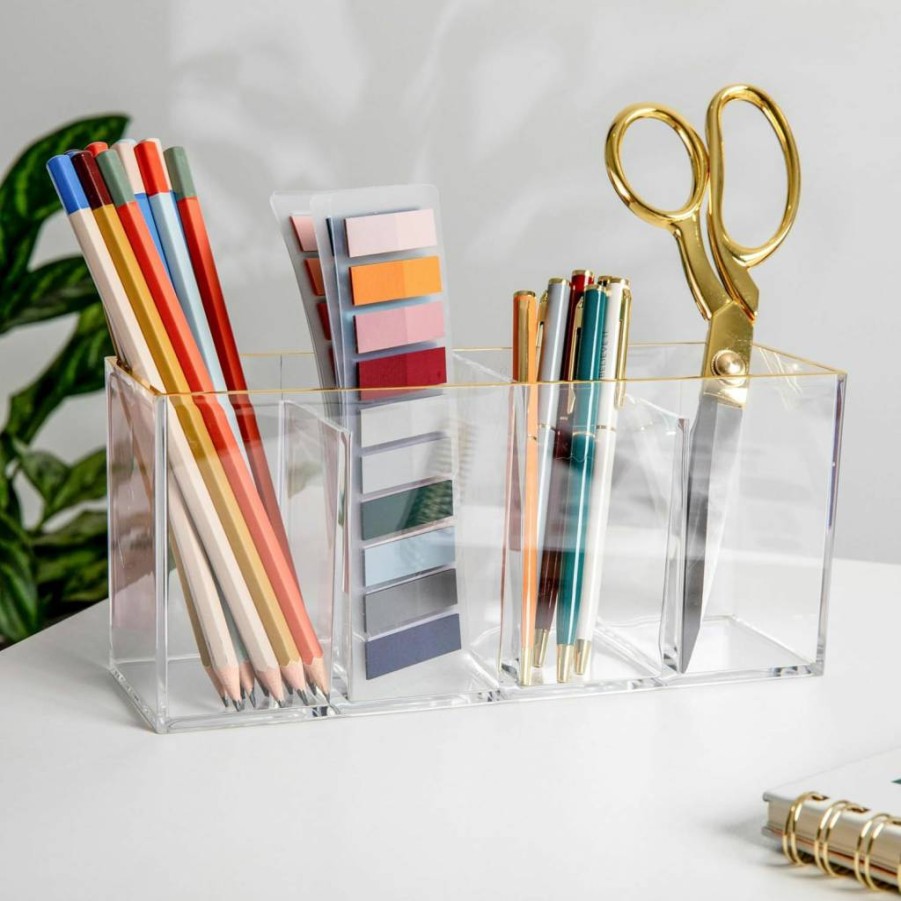Martha Stewart 4 Compartment Pen Holder with Gold Trim - Stylish Desktop Organizer for Office Supplies