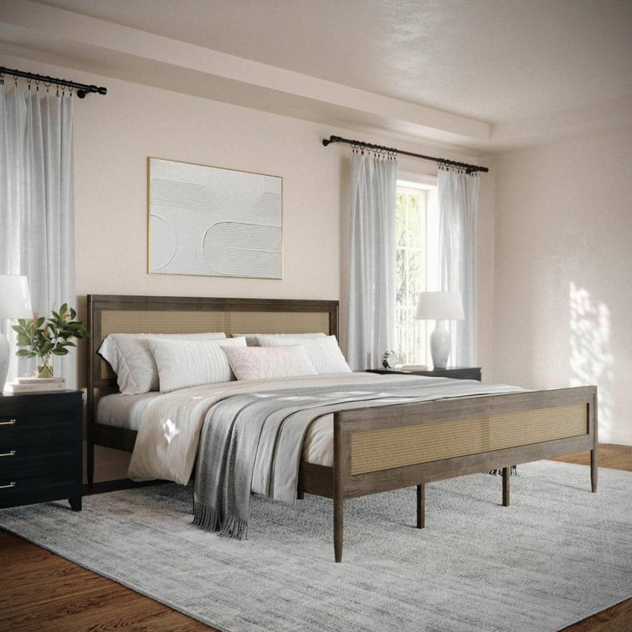 Martha Stewart Jax King Size Platform Bed with Rattan Headboard, Solid Wood Frame, No Box Spring Required, Black Finish