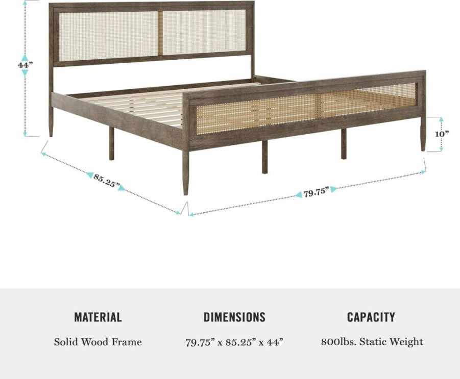Martha Stewart Jax King Size Platform Bed with Rattan Headboard, Solid Wood Frame, No Box Spring Required, Black Finish