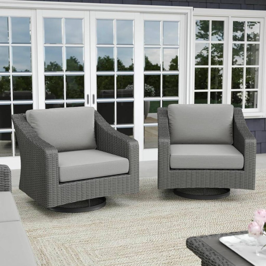 Martha Stewart Bedford 2-Piece Swivel Patio Chair Set with 360-Degree Rotation, Rattan Wicker Design & All-Weather Gray Cushions for Indoor-Outdoor Use