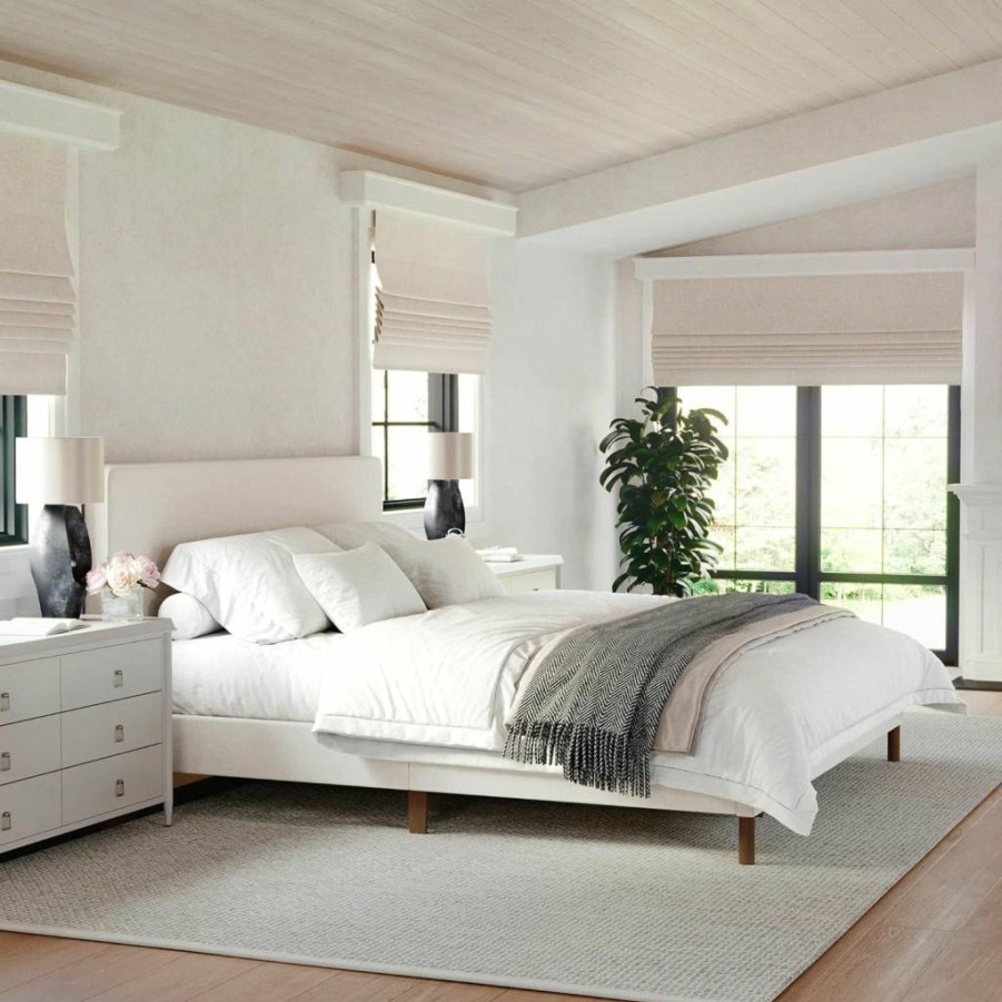 Martha Stewart Britta Upholstered Platform Bed King Size with Headboard & Footboard, Beige Linen Fabric, No Box Spring Required