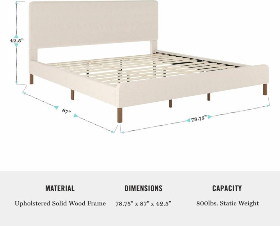 Martha Stewart Britta Upholstered Platform Bed King Size with Headboard & Footboard, Beige Linen Fabric, No Box Spring Required