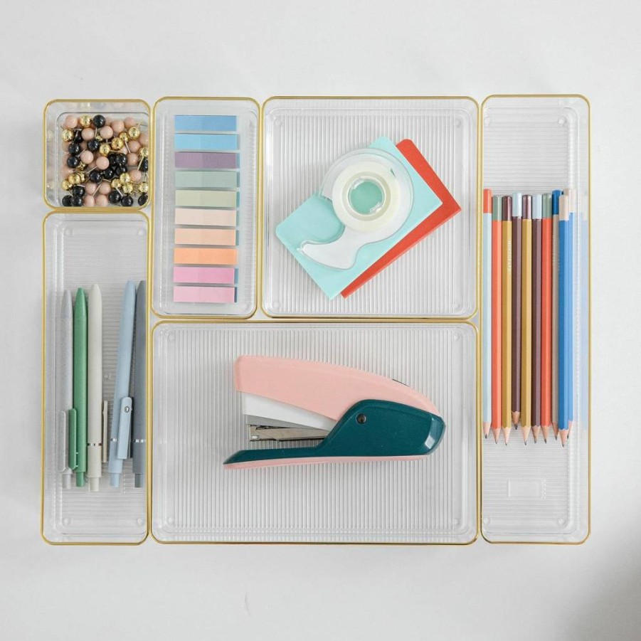 Martha Stewart Clear Plastic Stackable Desk Drawer Organizers, 6-Piece Set for Office & Home Storage