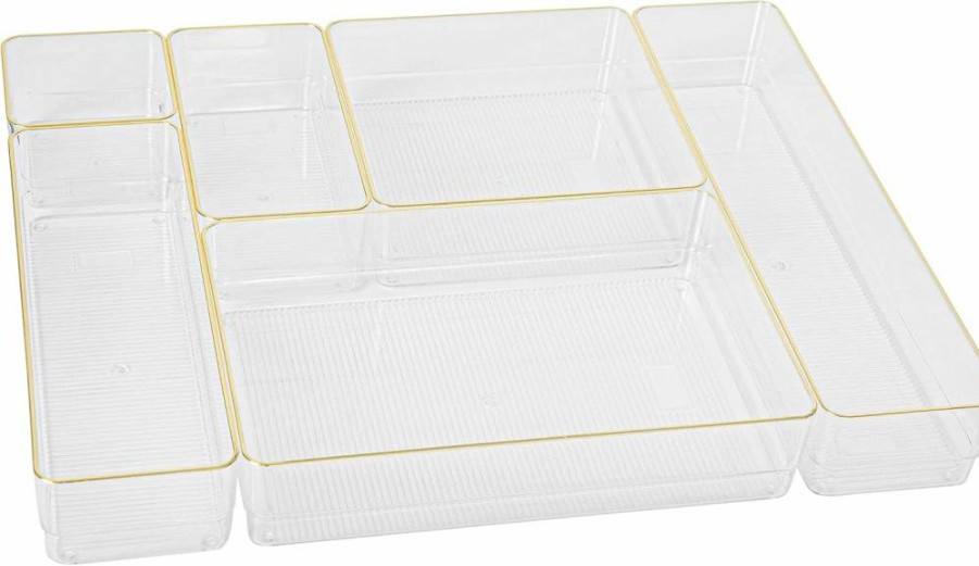 Martha Stewart Clear Plastic Stackable Desk Drawer Organizers, 6-Piece Set for Office & Home Storage