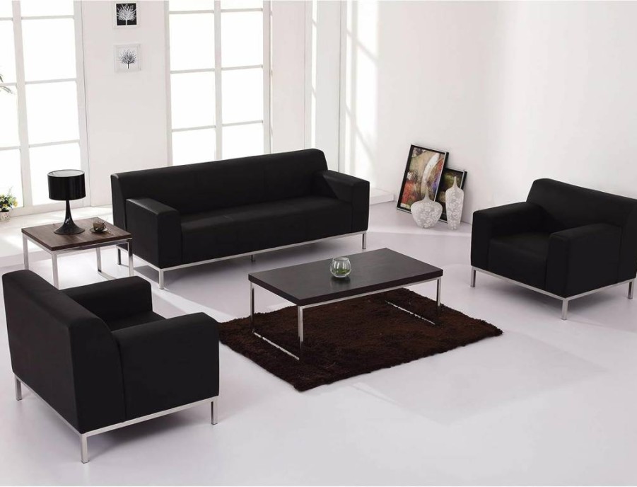 Flash Furniture Hercules Definity Series Black Leathersoft Loveseat with Stainless Steel Legs - Contemporary Upholstered Sofa