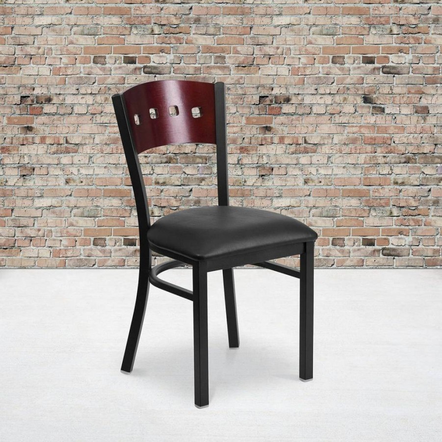 Flash Furniture Hercules Series 2-Pack Black Metal Restaurant Chairs with Mahogany Wood Back and Vinyl Seat