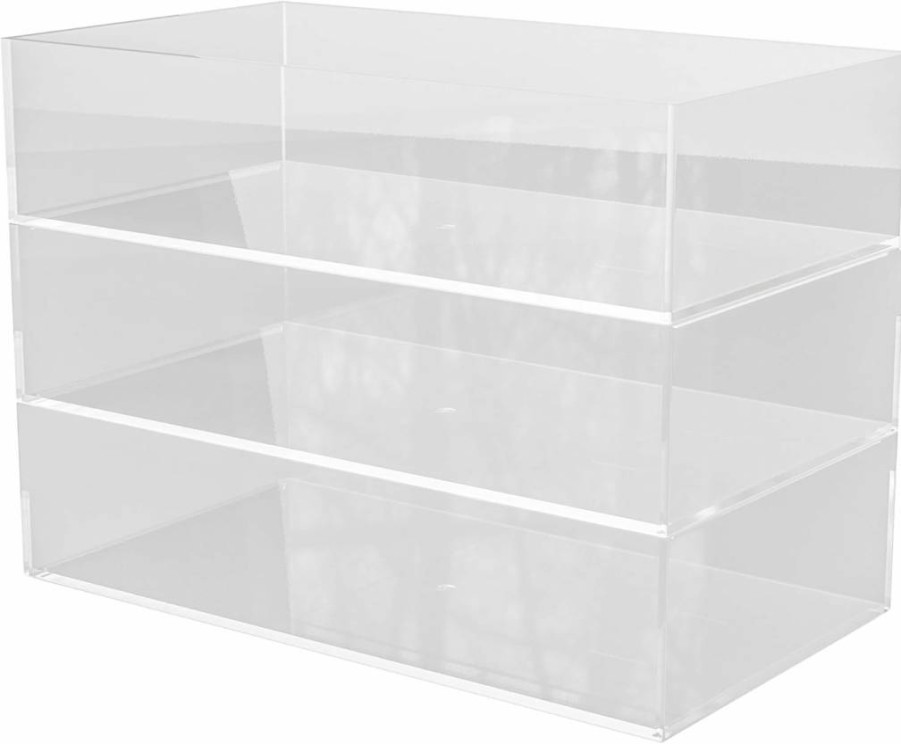 Martha Stewart Clear Plastic Desktop Organizer Tray - Stackable 3" x 7.5" Storage for Office, Kitchen, Vanity - Brody Collection