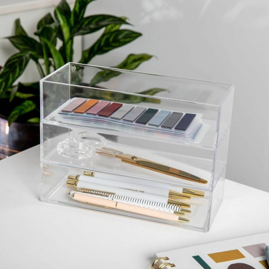 Martha Stewart Clear Plastic Desktop Organizer Tray - Stackable 3" x 7.5" Storage for Office, Kitchen, Vanity - Brody Collection
