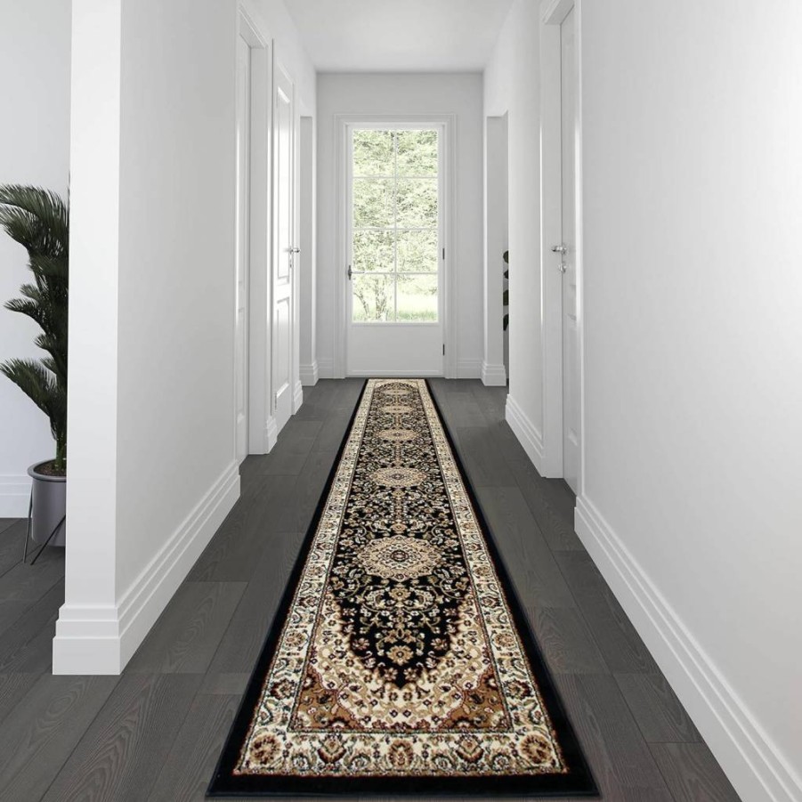 Flash Furniture Mersin Collection Persian Style Olefin Area Rug - 3'x20' Non-Shedding Black Rug with Jute Backing for Hallway, Entryway, Bedroom, Living Room
