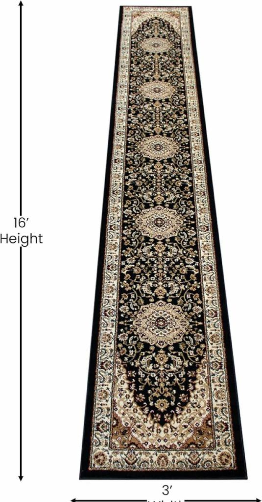 Flash Furniture Mersin Collection Persian Style Olefin Area Rug - 3'x20' Non-Shedding Black Rug with Jute Backing for Hallway, Entryway, Bedroom, Living Room