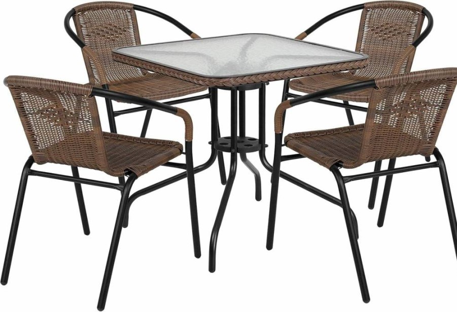 Flash Furniture Lila 28" Square Glass Top Bistro Table with 2 Stackable Rattan Chairs, 3-Piece Brown Patio Set for Indoor & Outdoor Use
