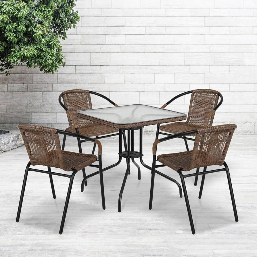 Flash Furniture Lila 28" Square Glass Top Bistro Table with 2 Stackable Rattan Chairs, 3-Piece Brown Patio Set for Indoor & Outdoor Use