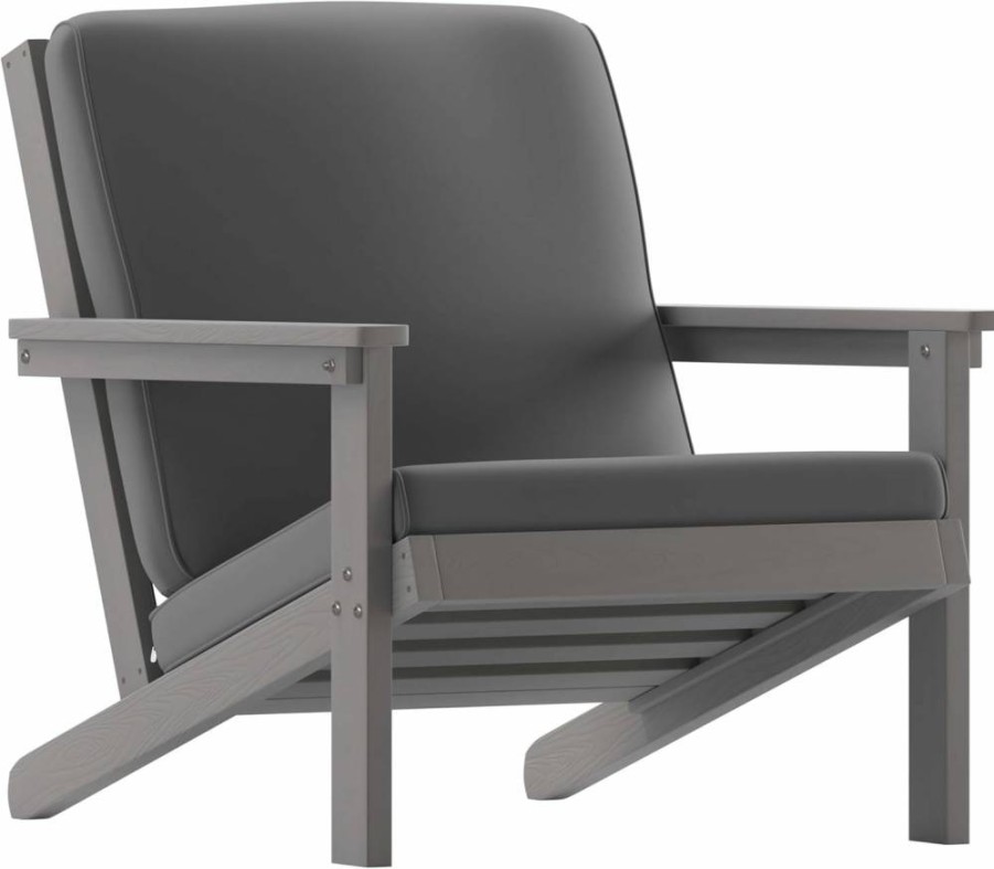 Flash Furniture Charlestown Gray Poly Resin Adirondack Club Chair with Cream All-Weather Cushions for Indoor Outdoor Patio