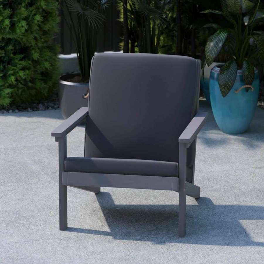 Flash Furniture Charlestown Gray Poly Resin Adirondack Club Chair with Cream All-Weather Cushions for Indoor Outdoor Patio