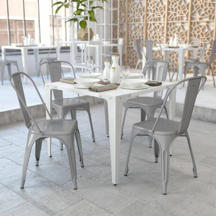 Flash Furniture 4-Pack Silver Metal Stackable Chairs for Indoor & Outdoor Use - Commercial Grade Luke Series