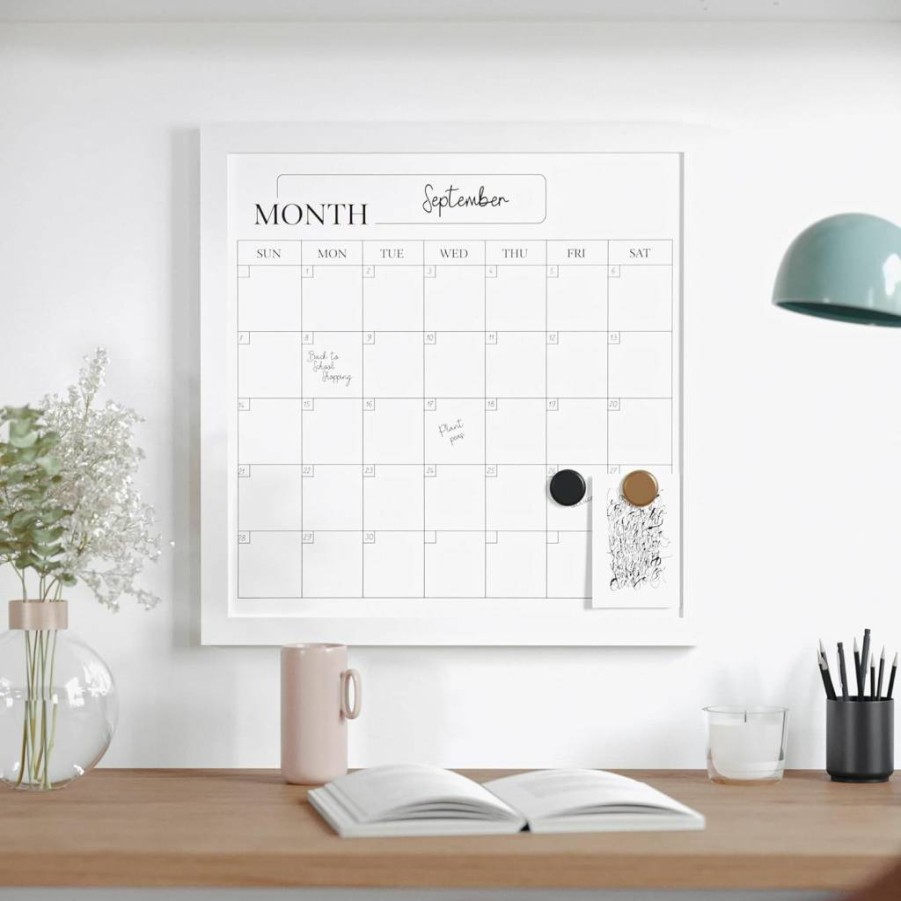 Martha Stewart Everette 18"x18" Magnetic Monthly Calendar Dry Erase Board with Marker & 2 Magnets, White Woodgrain Frame - Wall Mountable Organizer