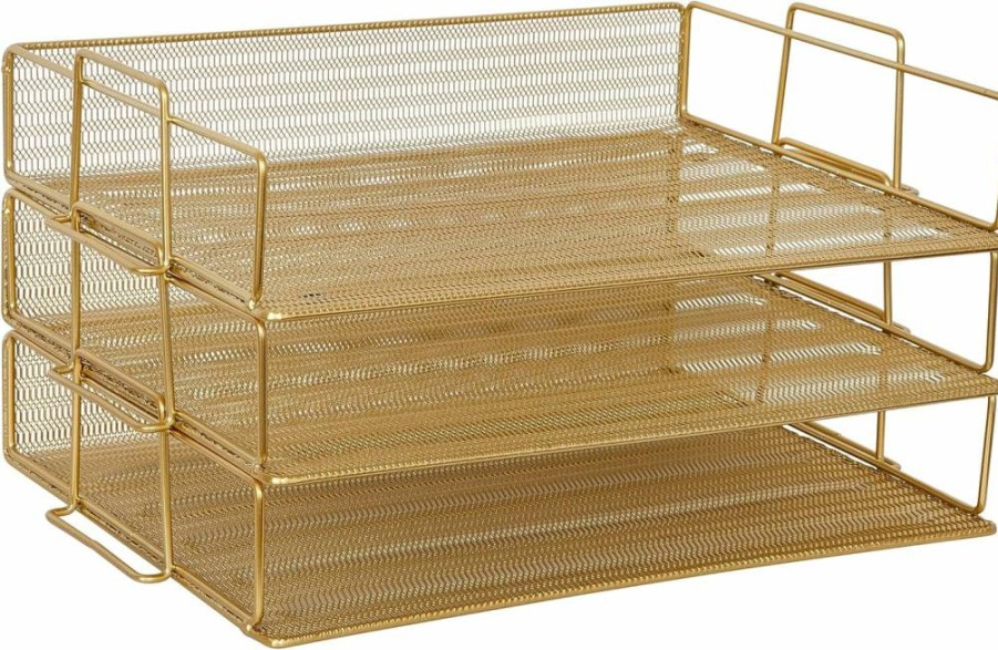 Martha Stewart 3-Tier Stackable Steel Mesh Desk Organizer - Gold Letter Tray for Files, Papers & Mail, Ryder Collection