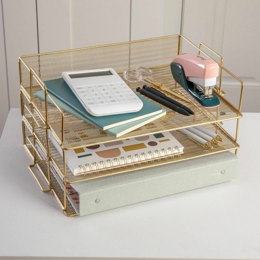 Martha Stewart 3-Tier Stackable Steel Mesh Desk Organizer - Gold Letter Tray for Files, Papers & Mail, Ryder Collection
