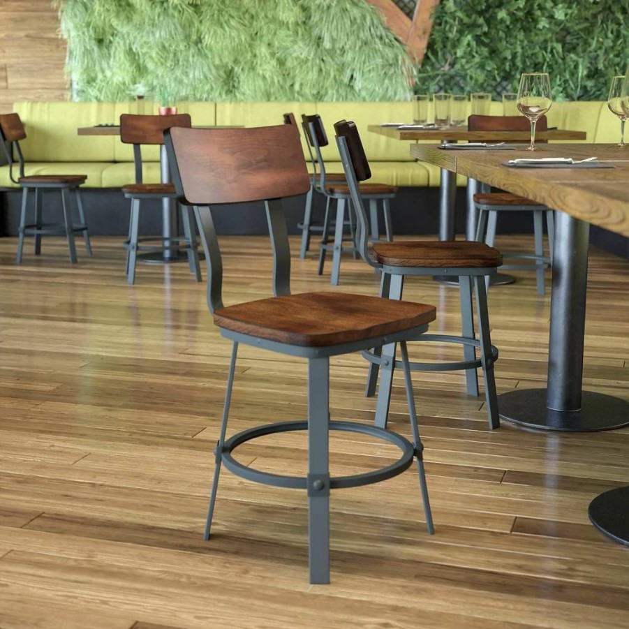 Flash Furniture Flint Series Rustic Walnut Dining Chair - Wood Seat & Back, Gray Powder Coat Metal Frame, Restaurant Style