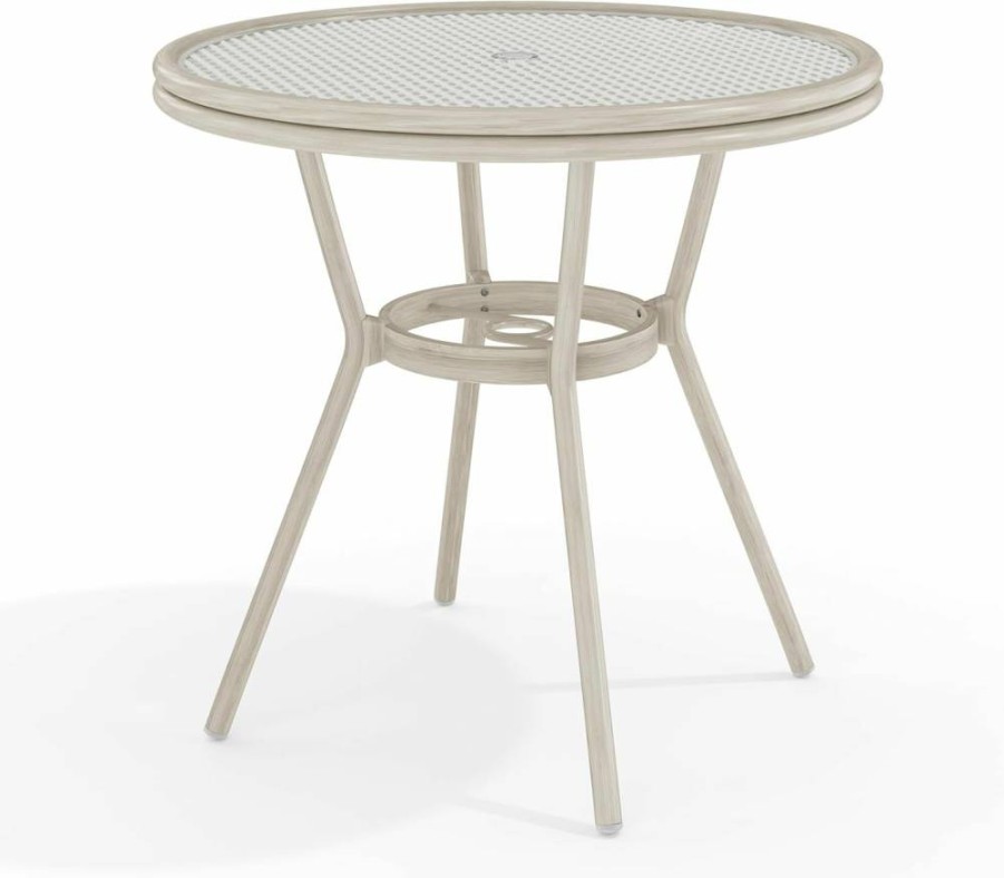 Martha Stewart 31" Round Indoor-Outdoor Bistro Table - Aluminum Frame, Rattan Top, Tempered Glass, White/Navy Woodgrain Design