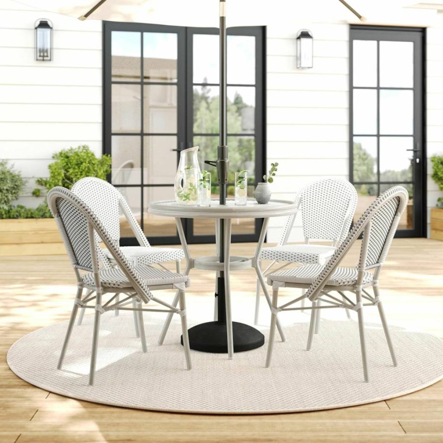 Martha Stewart 31" Round Indoor-Outdoor Bistro Table - Aluminum Frame, Rattan Top, Tempered Glass, White/Navy Woodgrain Design