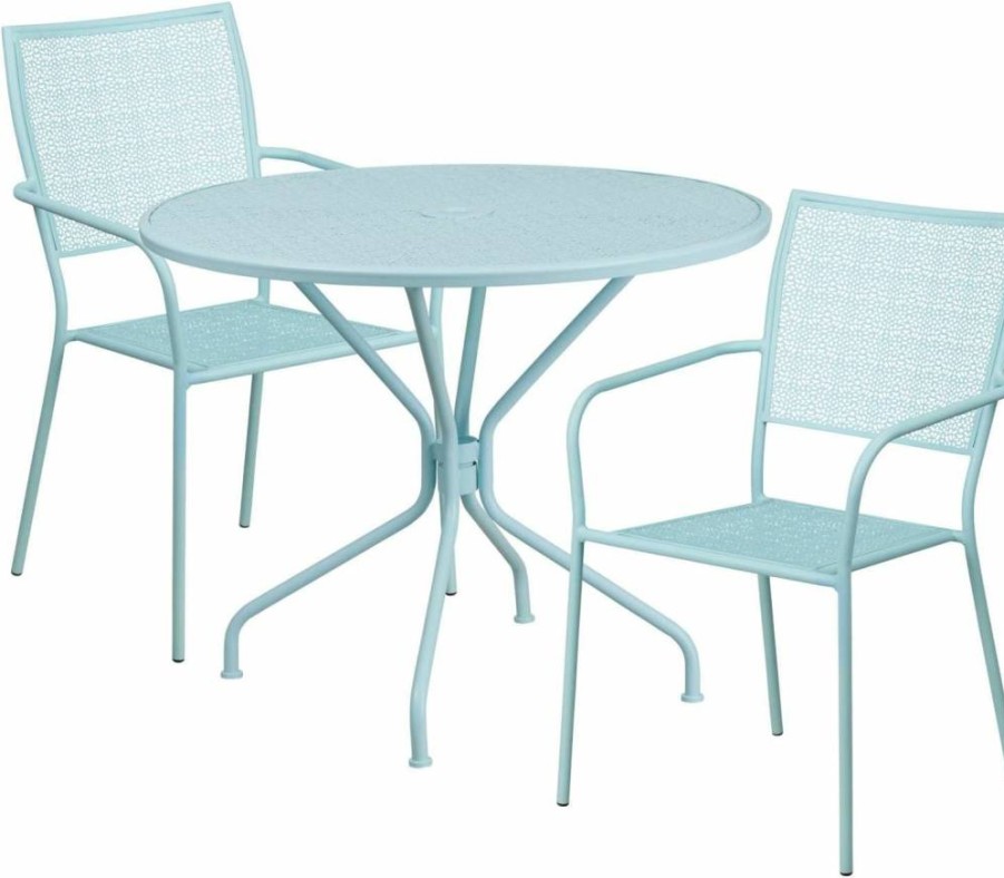 Flash Furniture 35.25" Round Black Steel Patio Table Set with 2 Square Back Chairs for Indoor-Outdoor Use