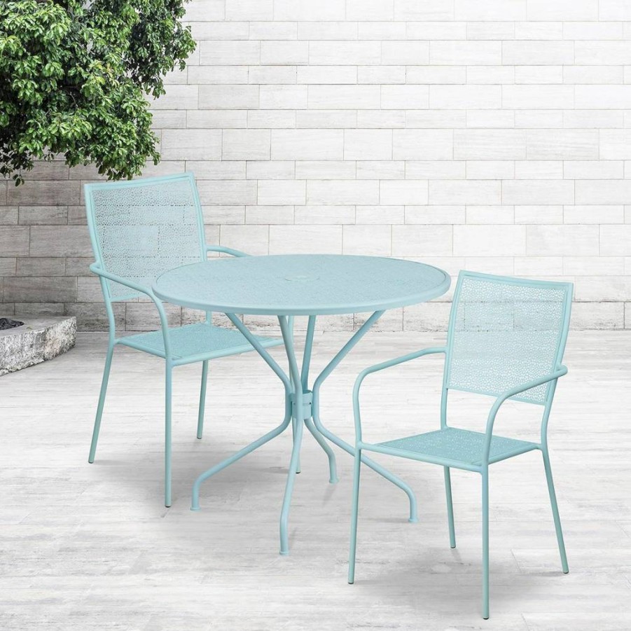 Flash Furniture 35.25" Round Black Steel Patio Table Set with 2 Square Back Chairs for Indoor-Outdoor Use