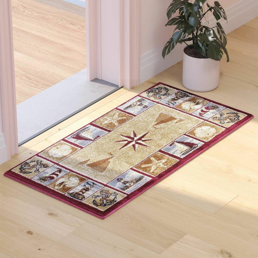Flash Furniture Inis Collection Beige Nautical Area Rug 2x3 Feet with Jute Backing for Living Room, Bedroom, Entryway
