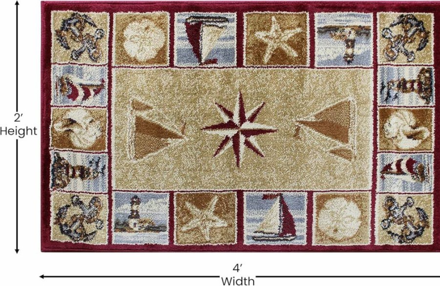 Flash Furniture Inis Collection Beige Nautical Area Rug 2x3 Feet with Jute Backing for Living Room, Bedroom, Entryway