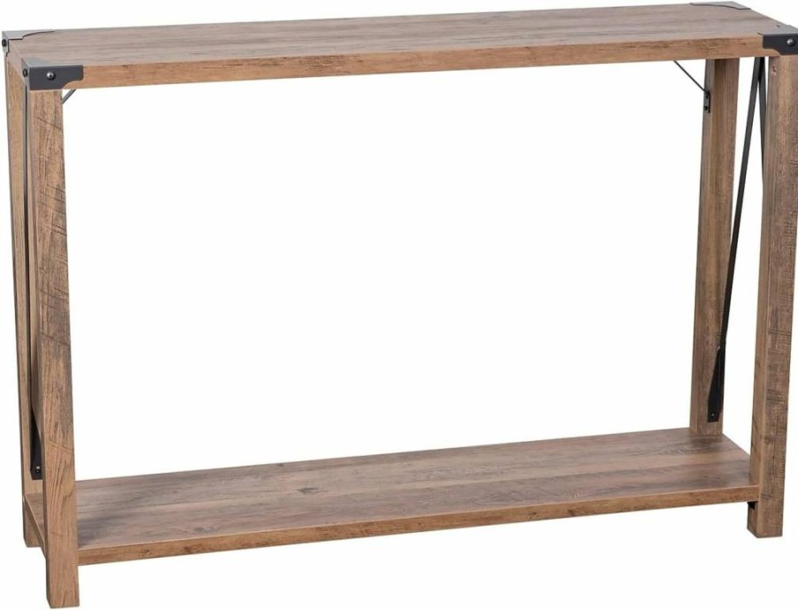Flash Furniture Wyatt Modern Farmhouse Console Table - 2-Tier Gray Wash Engineered Wood Design with Black Metal Crisscross Braces