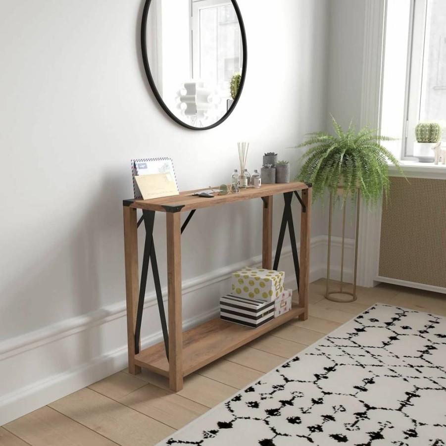 Flash Furniture Wyatt Modern Farmhouse Console Table - 2-Tier Gray Wash Engineered Wood Design with Black Metal Crisscross Braces