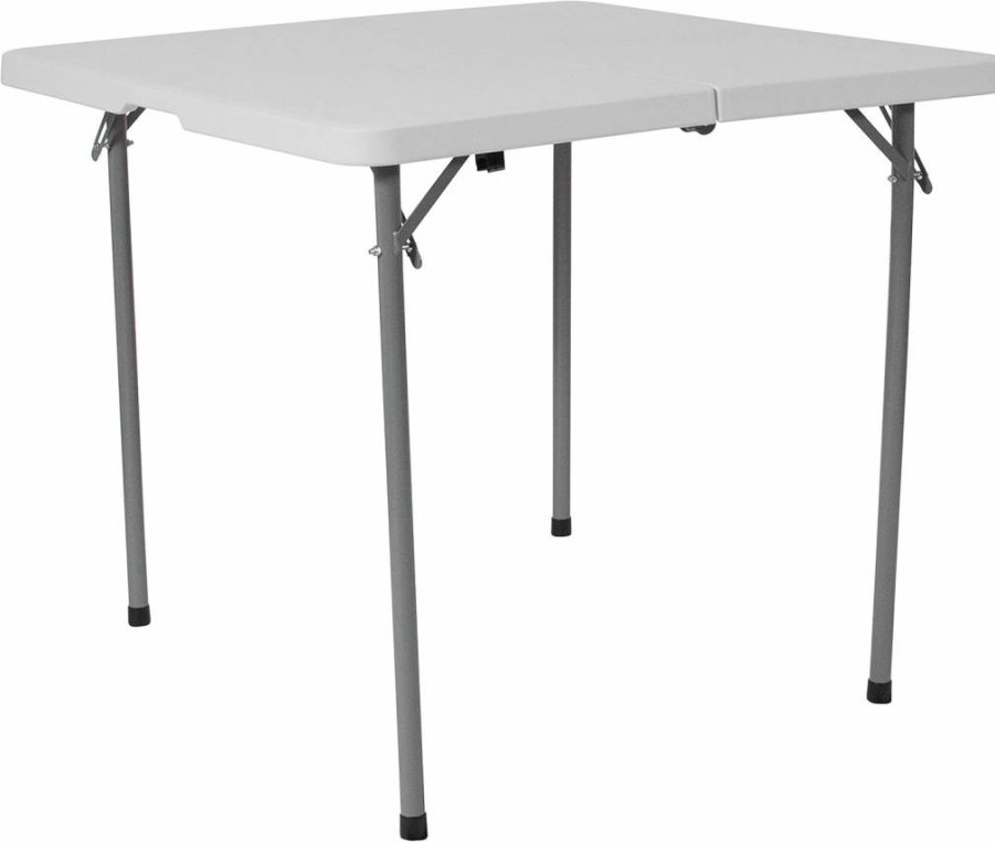 Flash Furniture Kathryn 34" Square Bi-Fold White Plastic Folding Table with Carrying Handle, Granite Finish, 2.79-Foot Compact Design