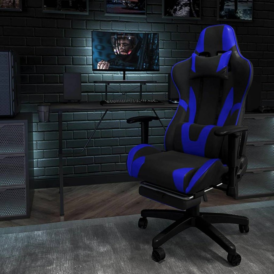 Flash Furniture X40 Ergonomic Gaming Chair - Reclining Racing Office Chair with Adjustable Lumbar Support, Retractable Footrest & Massage Feature, White PC Gaming Seat